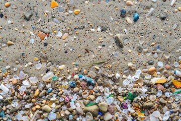 Varied microplastics and debris scattered on beach sand.