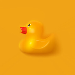 3D yellow rubber duck on yellow background. 3D realistic vector object