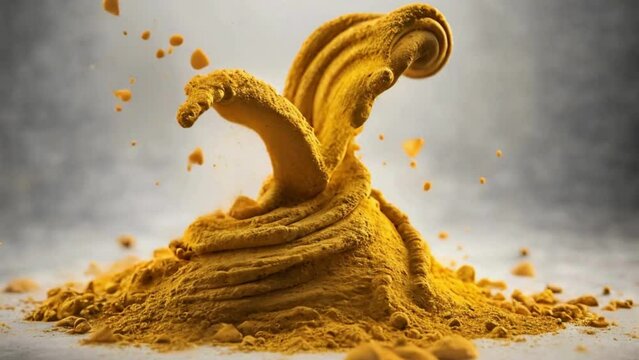 Turmeric powder weaves intricate golden spirals.
