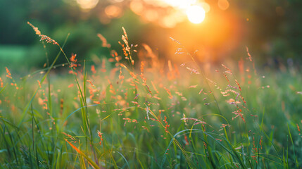 Green grass on the forest meadow at sunset. Wild grass