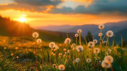 Green grass with dandelions in the mountains at sunset