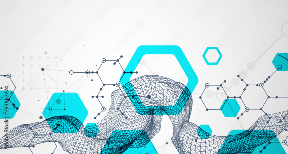 Aufkleber Scientific and technological background. Wireframe wave with hexagons of different types on a gray gradient.