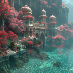 Ein Unterwasserpalast, umgeben von leuchtenden Korallenriffen und exotischen Meereslebewesen. --stylize 750 Job ID: 240e2e8c-2a5b-43d3-a7de-484e2346e92d