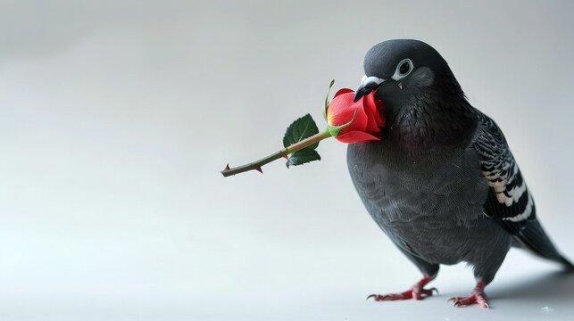 pigeon holding a red rose in her mouth  isolated on white background 