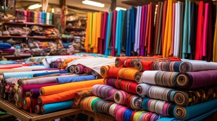 Vibrant fabrics in various hues fill a store, creating a colorful and inviting display