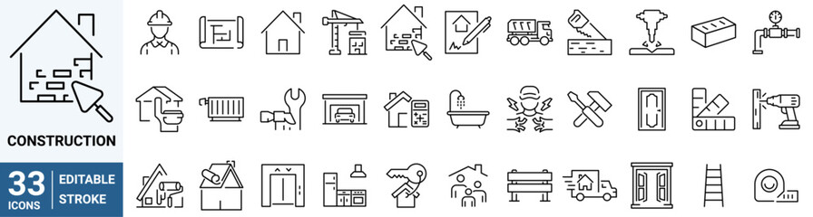 Set of 33 outline icons related to construction, renovation. Linear icon collection. Editable stroke. Vector illustration
