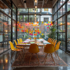 The brainstorming session: Depict a vibrant meeting room with whiteboards filled with colorful sticky notes, diagrams, and the palpable energy of collaboration
