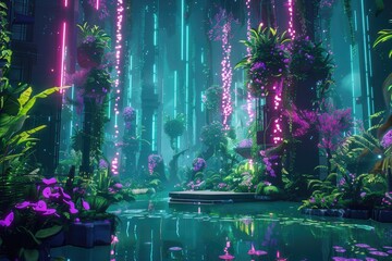 a fantasy fantasy garden with neon lights and plants - obrazy, fototapety, plakaty