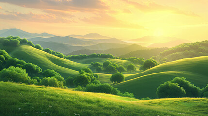 Green hills with trees and fresh green grass at sunset - Powered by Adobe