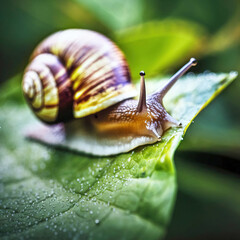 A close-up macro photo of a snail on a leaf with a lovely bokeh background