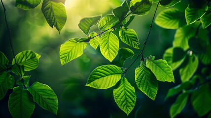 Green leaves on the tree with dark background. Summer