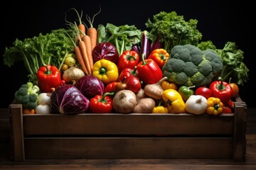 Fresh homegrown vegetables in wooden crate box on table. Eco farm product. Summer organic harvest and healthy food.