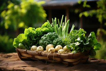 Fresh homegrown green vegetables in basket. Eco farm product. Summer organic harvest and healthy food. Close up.