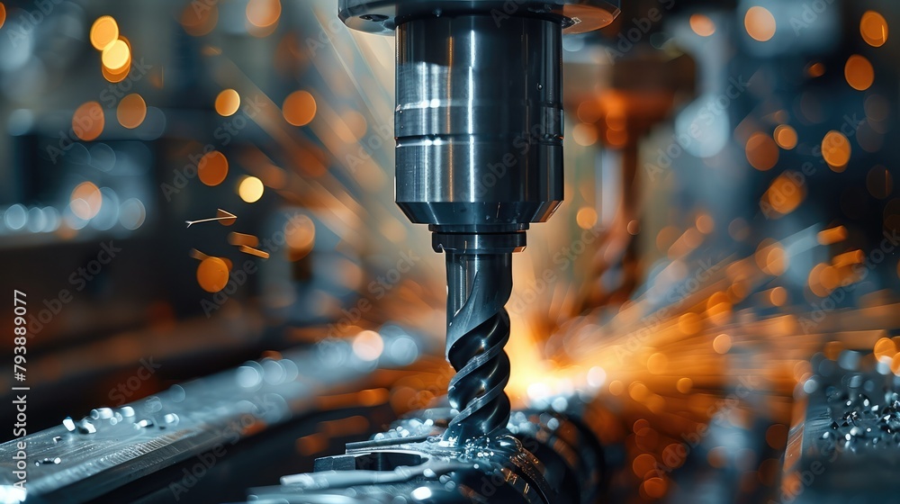 Poster a detailed close-up of a drill bit boring into a piece of metal, the precision and power of the mach