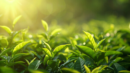 Green tea leaves on the tea plantation in summer. 