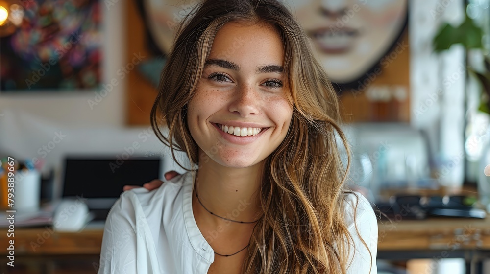 Fototapete Smiling entrepreneur in front of her computer with a web page in development. Generative AI.