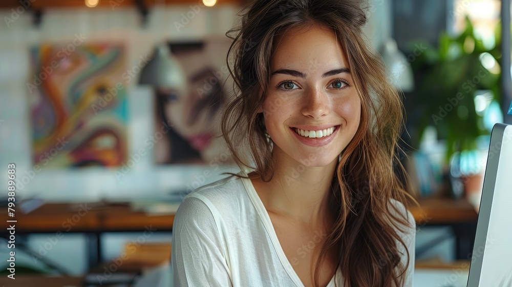 Fototapete Smiling entrepreneur in front of her computer with a web page in development. Generative AI.