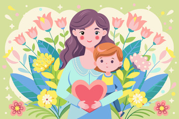 Motherhood Embrace: Loving Mother and Child with Floral Background