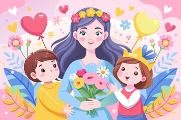 Celebrating Mother's Day with Children and Flowers Illustration