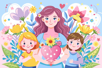 Cheerful Mother With Children Celebrating Spring With Flowers