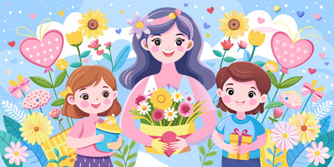 Mother's Day Celebration with Adorable Children and Floral Gifts