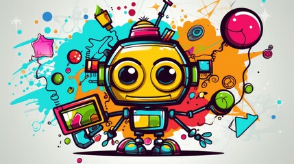 funny cute busy robot colorful illustration