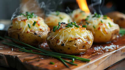 Baked potatoes with cheese and chives on wooden board, closeup - obrazy, fototapety, plakaty