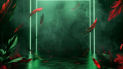 Empty stage or podium with red feathers and green neon portal. Generative AI