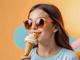 Close-up of a young girl in sunglasses enjoying ice cream on an apricot background.