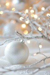 Festive White Christmas Ornaments and Pine Branches with Snow