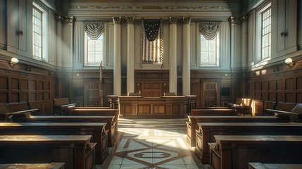 Fotobehang Realistic courtroom, no people, overcast lighting. Generative AI. © visoot