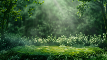 Sunlight filtering through verdant foliage onto a mossy forest floor. Empty copy space for product presentation. Natural green podium or stage. Generative AI - obrazy, fototapety, plakaty