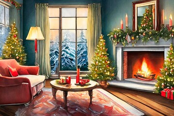 ambiance cosy et chaleureuse pour Noël, dans le salon près de la cheminée 