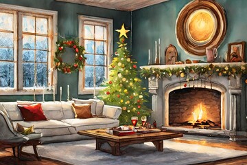 ambiance cosy et chaleureuse pour Noël, dans le salon près de la cheminée 