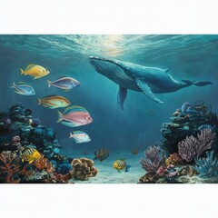 Fototapeta premium Serene Underwater Scene with Whale and Colorful Fish