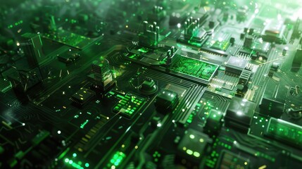 Close-up image of a futuristic green circuit board cityscape.