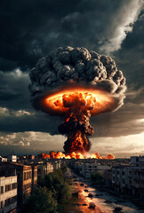 Nuclear fire mushroom cloud at explosion in town's skyline, an apocalyptic war. Nuclear explosion of atomic bomb in Earth. Global apocalyptic conflict concept. Gen ai illustration. Copy ad text space