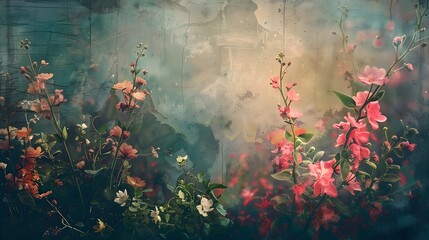 Vintage Floral Hideaway Moody Bohemian Botanical Scene with Vibrant Blooming Plants in Mysterious Natural Setting - obrazy, fototapety, plakaty