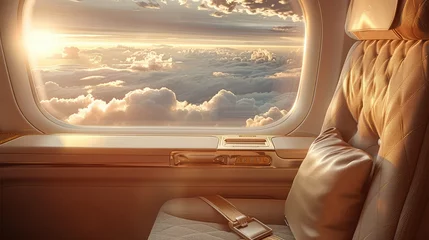 Foto op Plexiglas A light gold first-class cabin, with golden clouds outside the airplane window, leather armchairs, a foreground of an airplane tray table. Generative AI. © visoot