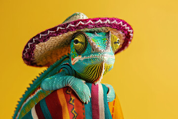 a cute chameleon portrait dressed in mexican sombrero hat and clothing. Cinco de Mayo celebration - obrazy, fototapety, plakaty