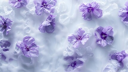 Purple flowers floating in water with ice. Macro shot with focus on floral details