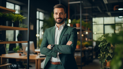 Confident happy smiling businessman with crossed arms standing in the office, looking at camera