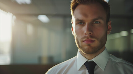 Close up portrait of confident businessman in stress focused on work in office, looking away