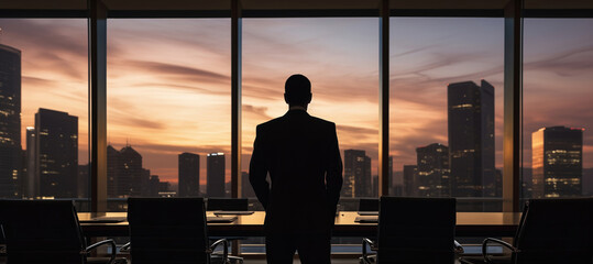 Silhouette of successful businessman standing in the office looking at city in panoramic window