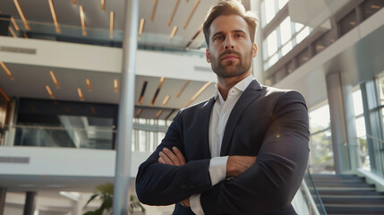 Successful bearded businessman with crossed arms standing in modern office, wearing business suit