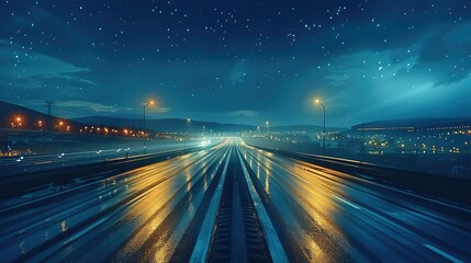 Midnight highway from drivers perspective. Generative AI.