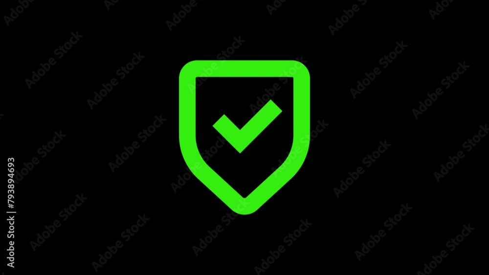 Poster animated shield with check mark icon on black transparent background. loop.
