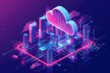 Isometric cloud storage for downloading, representing a digital service or application