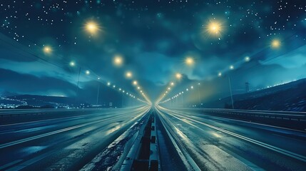 Midnight highway from drivers perspective. Generative AI.