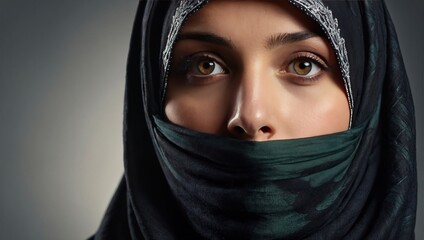 Naklejka premium Beautiful smiling islamic young woman with Make-up. Happy beauty girl in hijab. Fashion oriental style model. Asian face